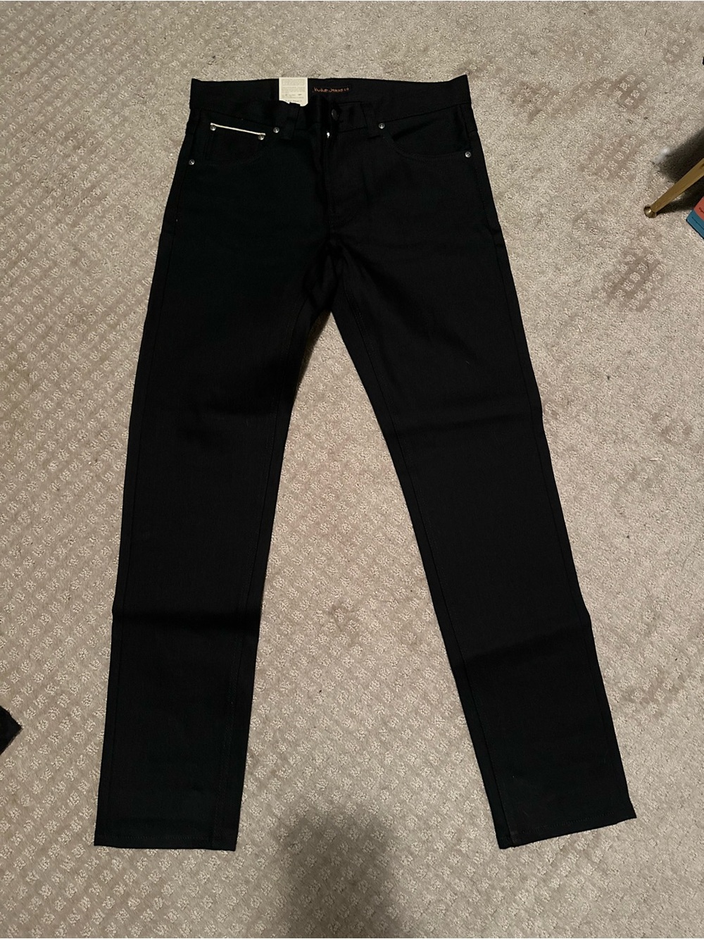 New nudie brand jeans lean Dean dry black selvedge selvage stretch jeans 33 x 34